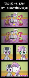 Size: 3771x10000 | Tagged: safe, artist:dinkyuniverse, apple bloom, rumble, scootaloo, sweetie belle, absurd resolution, blushing, candle, comic, cute, cutie mark crusaders, female, kiss on the cheek, kissing, male, rumbelle, shipping, straight, truth or dare