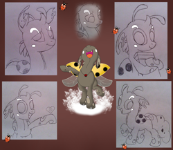 Size: 1968x1708 | Tagged: safe, artist:changelingtrash, artist:princess amity, oc, oc only, oc:bug noises, changeling, ladybug, antennae, book, changeling oc, collage, colt, dancing, fangs, heart, hearts and hooves day, jewelry, ladybug changeling, male, marching, mixed media, necklace, sad, simple background, sketch, smiling, solo