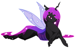 Size: 600x394 | Tagged: safe, artist:basykail, oc, oc only, oc:night, changeling, changeling oc, female, mare, prone, purple changeling, simple background, solo, transparent background