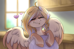 Size: 1024x683 | Tagged: safe, artist:starlyflygallery, oc, oc only, pegasus, pony, cute, dish, eating, female, heart, kitchen, mare, solo