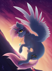 Size: 800x1100 | Tagged: safe, artist:silentwulv, oc, oc only, oc:wind blade, alicorn, pony, alicorn oc, diamond, dusk, flying, jewelry, necklace, open mouth, scenery, solo, stars, sunset, trippy, twilight (astronomy)