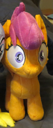 Size: 379x899 | Tagged: safe, artist:chordus, artist:ketika, gabby, scootaloo, griffon, pegasus, pony, cropped, faic, i've seen some shit, irl, photo, plushie, thousand yard stare, wide eyes