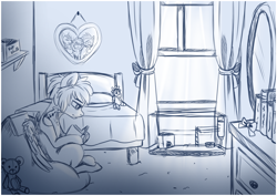 Size: 7016x4961 | Tagged: safe, artist:elskafox, oc, oc only, oc:deirdre, mouse, absurd resolution, bed, bedroom, plushie, reading, sketch