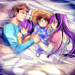 Size: 894x894 | Tagged: safe, artist:miriki-chi, twilight sparkle, oc, oc:ben parker sparkle, oc:mayday parker sparkle, human, bed, bedsheets, benpeter, blushing, clothes, crossover, crossover shipping, cute, daughter, dress, family, father, father and child, father and daughter, father and son, female, holding hands, humanized, humanized oc, husband and wife, male, maydaypeter, mother, mother and child, mother and daughter, mother and son, nightgown, offspring, pajamas, parent and child, parent:peter parker, parent:twilight sparkle, parents:spidertwi, peter parker, pillow, shipping, sleeping, son, spider-man, spidertwi, straight