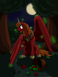 Size: 1800x2400 | Tagged: safe, artist:witkacy1994, big macintosh, alicorn, pony, alicornified, apple, bucket, food, magic, male, night, princess big mac, race swap, solo