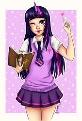 Size: 1141x1683 | Tagged: safe, artist:pandykissu, twilight sparkle, human, book, clothes, female, horned humanization, humanized, looking at you, one eye closed, school uniform, solo, wink