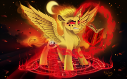 Size: 4460x2790 | Tagged: safe, artist:das_leben, oc, oc only, oc:hairwhite, alicorn, pony, absurd resolution, alicorn oc, angry, book, crescent moon, crying, magic, magic circle, moon, pentagram, signature, solo, spellbook