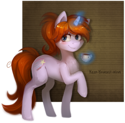 Size: 1024x1013 | Tagged: safe, artist:kyaokay, oc, oc only, oc:artistry, pony, unicorn, coffee, magic, solo