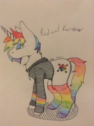 Size: 896x1200 | Tagged: artist needed, safe, oc, oc only, oc:radical rainbow, clothes, hoodie, rainbow hair, rainbow socks, rainbow tail, socks, solo, striped socks, traditional art