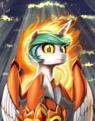 Size: 1800x2291 | Tagged: safe, artist:valcron, daybreaker, alicorn, pony, a royal problem, helmet, looking at you, solo