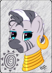 Size: 2480x3508 | Tagged: safe, artist:salamishowdown, zecora, zebra, bust, cutie mark, portrait, simple background, solo