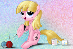 Size: 3000x2000 | Tagged: safe, artist:songbirdserenade, oc, oc only, pegasus, pony, andrea libman, coffee, female, knitting, mare, solo, yarn