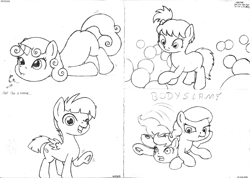 Size: 2330x1661 | Tagged: safe, artist:merkleythedrunken, diamond tiara, featherweight, scootaloo, sweetie belle, oc, earth pony, pony, body slam, monochrome, sketch, sketch dump