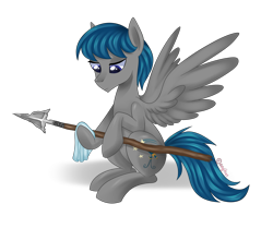 Size: 4300x3600 | Tagged: safe, artist:kaikururu, oc, oc only, oc:perseus, pegasus, pony, absurd resolution, male, simple background, sitting, solo, spear, stallion, transparent background, weapon