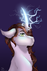 Size: 1626x2466 | Tagged: safe, artist:cookiemoonloo, oc, oc only, oc:ignis, pony, unicorn, bust, curved horn, electricity, magic, male, portrait, solo, stallion