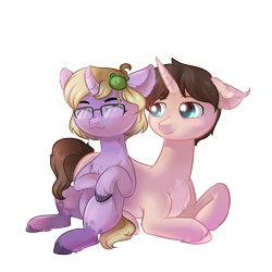 Size: 3000x3000 | Tagged: safe, artist:rizzych, oc, oc only, oc:dungeon toaster, oc:omkol, pony, unicorn, couple, curved horn, dunkol, ear fluff, glasses, smiling, unshorn fetlocks