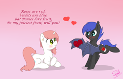 Size: 2800x1800 | Tagged: safe, artist:soulfulmirror, oc, oc only, oc:liliana gemmare, oc:nebula wings, bat pony, pony, unicorn, blushing, box of chocolates, female, gradient background, heart, lesbian, mare, oc x oc, poem, prone, shipping, wing hands