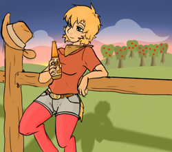 Size: 672x594 | Tagged: safe, artist:dj-black-n-white, oc, oc only, oc:gala, satyr, alcohol, bandana, beer, clothes, cowboy hat, hat, parent:big macintosh, relaxing, shadow, shorts, stetson, sunset, sweet apple acres