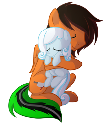 Size: 1421x1653 | Tagged: safe, artist:drawntildawn, oc, oc only, oc:snowdrop, pegasus, pony, cute, eyes closed, female, filly, hug, male, ocbetes, simple background, sitting, stallion, transparent background