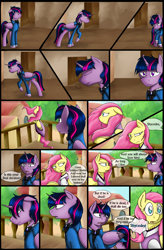 Size: 1280x1947 | Tagged: safe, artist:stuflox, derpibooru import, fluttershy, twilight sparkle, twilight sparkle (alicorn), alicorn, pegasus, pony, comic:the count of monte rainbow, balcony, clothes, comic, dress, implied rainbow dash, mondego, monsparkle, pacing, shycedes, snorting, suit, the count of monte cristo, the count of monte rainbow