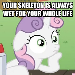 Size: 500x500 | Tagged: safe, sweetie belle, pony, unicorn, bone, exploitable meme, female, filly, horn, image macro, meme, obligatory pony, skeleton, solo, sudden clarity sweetie belle, text, two toned mane, white coat, wide eyes