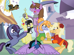 Size: 2048x1536 | Tagged: safe, artist:kindheart525, oc, oc only, oc:in clover, oc:moonstone, oc:silk stocking, oc:upscale, oc:velvet shade, oc:well hooved, alicorn, bat, pony, alicorn oc, black eye, blood, canterlot, clothes, covering eyes, crying, ear piercing, earring, fight, jewelry, kindverse, magical lesbian spawn, necklace, next generation, nosebleed, offspring, parent:good king sombra, parent:jet set, parent:king sombra, parent:maud pie, parent:princess celestia, parent:trixie, parent:upper crust, parents:celestibra, parents:mauxie, parents:upperset, piercing, scarf, this will end in tears and/or death