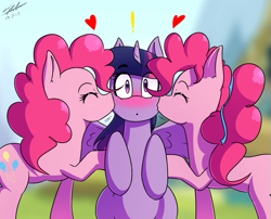 Size: 755x611 | Tagged: safe, artist:jase1505, derpibooru import, pinkie pie, twilight sparkle, twilight sparkle (alicorn), alicorn, earth pony, pony, blank flank, blushing, cute, duality, equestria girls ponified, female, kiss on the cheek, kiss sandwich, kissing, lesbian, polyamory, ponified, ponytail, ribbon, self ponidox, shipping, smooch, twiabetes, twinkie