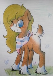 Size: 1076x1533 | Tagged: safe, artist:miss-racco0n, oc, oc only, oc:jessica, hybrid, cloven hooves, deer tail, long feather, solo, traditional art, unshorn fetlocks