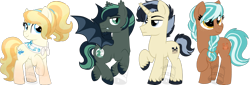 Size: 1600x543 | Tagged: safe, artist:tambelon, oc, oc only, oc:citadel watch, oc:ocarina, oc:snap dragon, oc:terracotta, bat pony, crystal pony, earth pony, pony, unicorn, female, male, mare, stallion, watermark