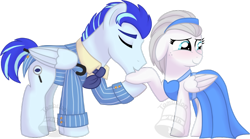 Size: 900x500 | Tagged: safe, artist:tambelon, oc, oc only, oc:doctor silver lining, oc:marquise, pegasus, pony, clothes, dress, female, kissing, male, mare, shipping, stallion, straight, tuxedo, watermark