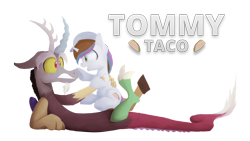 Size: 3840x2160 | Tagged: safe, artist:opticspectrum, discord, oc, oc:tommy taco, pony, unicorn, boop, high res, holding a pony, simple background, transparent background