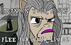 Size: 870x553 | Tagged: safe, artist:chopsticks, abandon all hope, abandon thread, caption, close-up, denethor, elderly, gondor, lord of the rings, meme, motivational speech, ponified, post, rule 85, solo, text