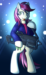 Size: 891x1440 | Tagged: safe, artist:deyogee, roseluck, pony, semi-anthro, bomber jacket, clothes, crossover, doctor who, ear piercing, earring, gun, jewelry, military tactician, piercing, rose tyler, shirt, solo, t-shirt, tongue out, war hero, warrior, weapon