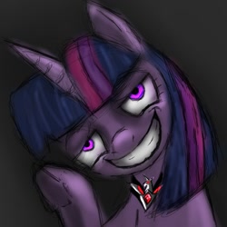 Size: 1000x1000 | Tagged: safe, artist:billyggruff, twilight sparkle, equestria girls, alicorn amulet, evil, evil twilight, fanfic, fanfic art, grin, smiling