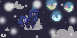 Size: 1196x598 | Tagged: safe, artist:rico-asume27, apple bloom, scootaloo, sweetie belle, oc, oc:night light, blushing, bubble, cloud, cutie mark crusaders, glowing horn, sleeping