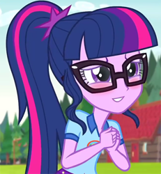 Size: 1864x2015 | Tagged: safe, edit, edited screencap, screencap, sci-twi, twilight sparkle, equestria girls, legend of everfree, blushing, cropped, cute, house, inverted mouth, solo, tree, twiabetes