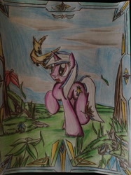 Size: 1936x2592 | Tagged: safe, artist:paladin360, oc, oc only, oc:star chaser, bird pone, pony, unicorn, female, flower, mare, photo, solo, traditional art