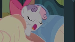 Size: 1920x1080 | Tagged: safe, screencap, sweetie belle, pony, somepony to watch over me, bed, bow, hair bow, sleeping, snoring