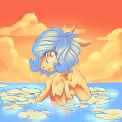 Size: 1024x1024 | Tagged: safe, artist:nebulanovia, oc, oc only, pegasus, pony, female, lilypad, limited palette, looking back, mare, solo, swimming, water