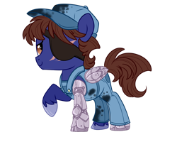 Size: 900x720 | Tagged: safe, artist:jadedjynx, oc, oc only, oc:gear grind, cyborg, augmented, clothes, cute, eyepatch, hat, overalls, prosthetic limb, prosthetic wing, prosthetics, raised hoof, simple background, smiling, solo, transparent background