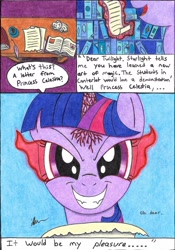 Size: 1792x2567 | Tagged: safe, artist:bio-iridescence, twilight sparkle, twilight sparkle (alicorn), alicorn, pony, comic, corrupted, corrupted twilight sparkle, equestria is doomed, evil grin, evil twilight, grin, letter, smiling, solo, sombra eyes, traditional art, twilight is anakin, xk-class end-of-the-world scenario