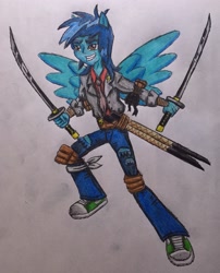 Size: 2088x2582 | Tagged: safe, artist:bozzerkazooers, thunderbass, equestria girls, background human, ninja, ponied up, solo, sword, traditional art, weapon