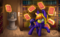 Size: 1280x802 | Tagged: safe, artist:miraisora, oc, oc only, oc:civviq writer, pony, unicorn, book, solo