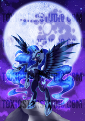 Size: 900x1286 | Tagged: safe, artist:toxicstarstudio, nightmare moon, mare in the moon, moon, night, rearing, solo, spread wings, stars, watermark