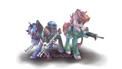 Size: 1024x576 | Tagged: safe, artist:dream--chan, oc, oc only, oc:magic barrier, oc:short circuit, cyborg, earth pony, pony, unicorn, duo, gun, weapon