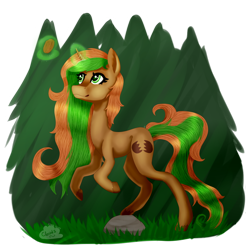 Size: 1024x1024 | Tagged: safe, artist:cloudsabovedawn, oc, oc only, oc:ginger snap, glowing horn, grass, levitation, magic, rock, solo, telekinesis