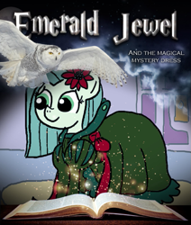 Size: 677x800 | Tagged: safe, artist:ficficponyfic, color edit, edit, edited edit, oc, oc only, oc:emerald jewel, owl, alternate color palette, book, bow, clothes, color, colored, colt, colt quest, crossdressing, cute, cyoa, door, drag queen, dress, femboy, flower, flower in hair, harry potter, logo, logo parody, male, photofunia, ribbon, shoes, solo, text, title, trap