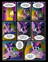 Size: 1275x1650 | Tagged: safe, artist:dsana, spike, twilight sparkle, twilight sparkle (alicorn), alicorn, dragon, pony, comic:to look after, bed, book, comic, magic, twilight's castle