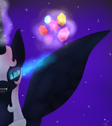 Size: 954x1074 | Tagged: safe, artist:anxiouslilnerd, nightmare moon, alicorn, pony, armor, contest entry, elements of harmony, fangs, lineless, magic, paint tool sai, solo