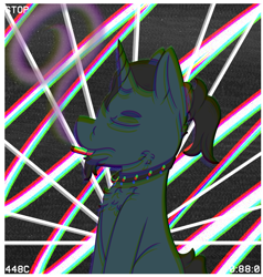 Size: 947x993 | Tagged: safe, artist:lazerblues, oc, oc only, oc:lazerblues, pony, unicorn, chromatic aberration, cigarette, collar, male, ponytail, solo, stallion